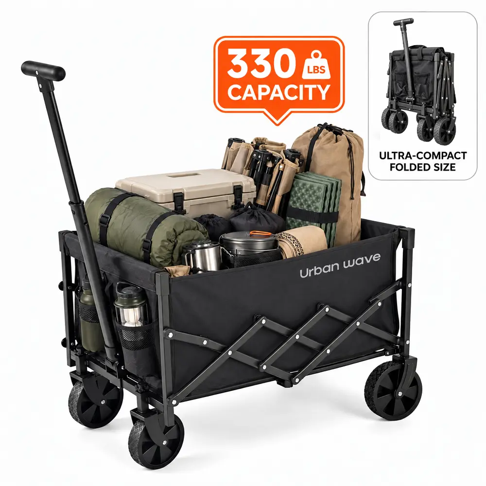 URBANWAVE Compact Collapsible Wagon Cart - 330 LBS Heavy Duty Foldable Beach Cart with Storage Pockets, Easy Store for Trunk & Closet