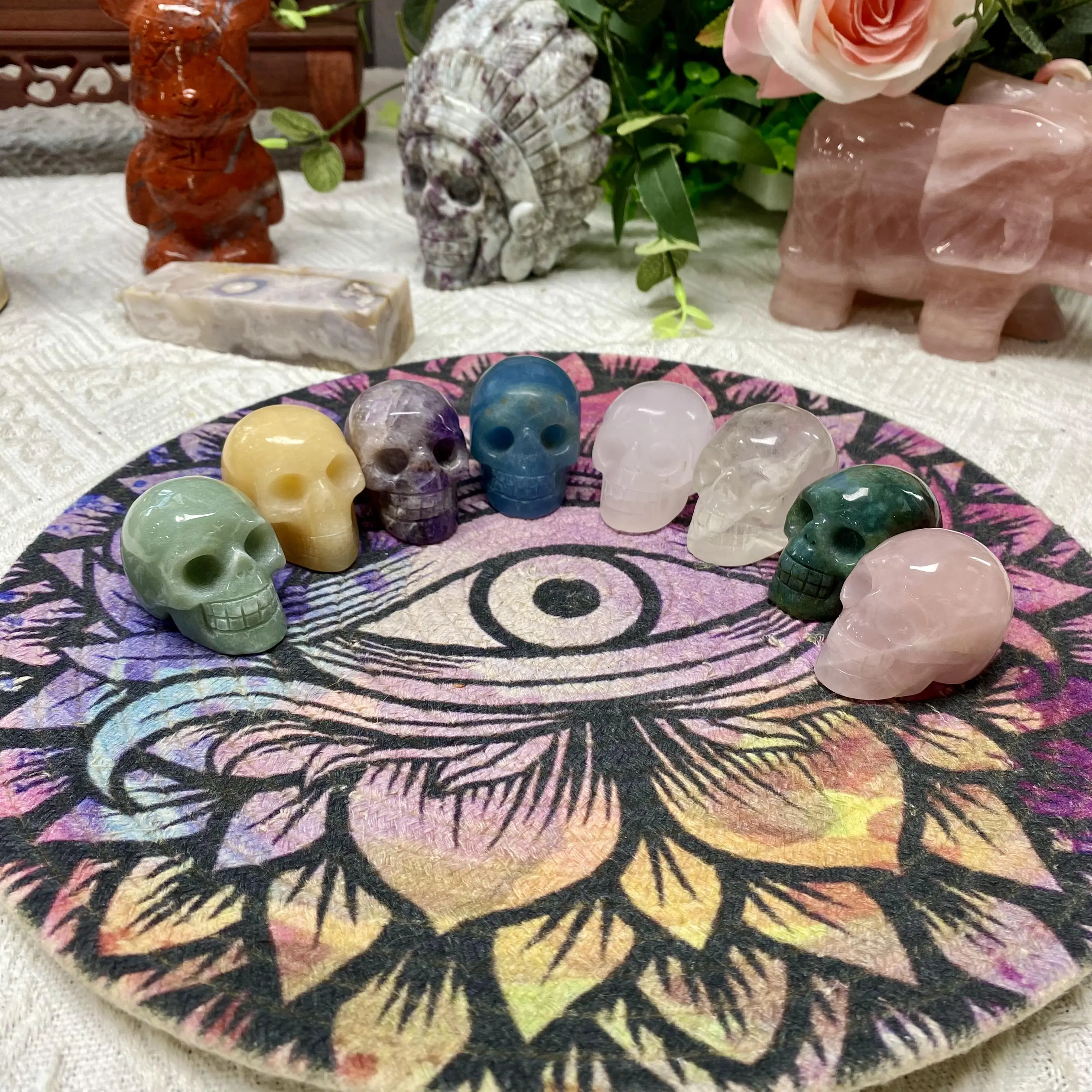 Reiki Crystal Superb Cool 2'' Natural Crystal Skull for Halloween Day of the Dead Meditation & Relaxation Home Office Decoration
