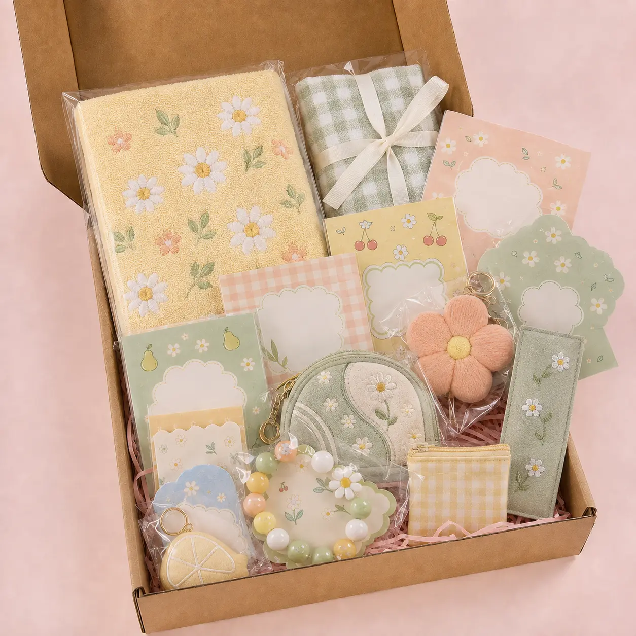 Colorful Mystery Care Package Gift Box, All-in-1 Stationery & Daily Accessories Kit with Scrunchies, Notebook, Pen, Charms, Stickers - Holiday Birthday Present for Her