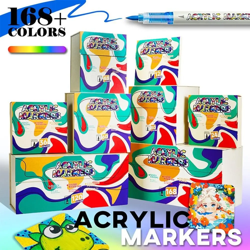 168 Color Acrylic Marker Pen Set with Durable Tip, Non-Smearing, Ideal for Rock Painting, Paper, Skateboard Decoration, Wood, Plastic, Canvas Art Supplies