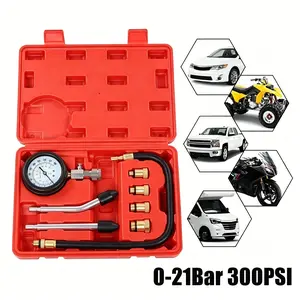 8PCS Petrol Engine Cylinder Compression Tester Kit, 0-300PSI Dual Scale Gauge, Multi Thread Adapters, Rubber Cone Ends, Pressure Release Button for Car Motorcycle Lawn Mower