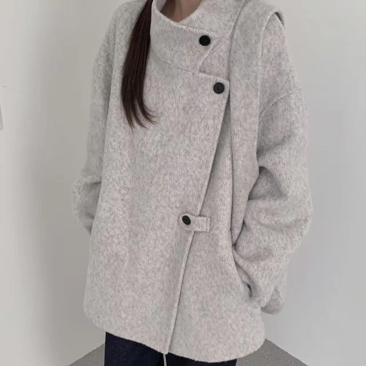 【CC66826】Women's Wool Mid-Length Coat, With Matching Double-Faced Wool Tote Bag Relaxed Oversized Lapel Wool Overcoat, Elegant Warm Winter Outerwear for Office & Daily Wear