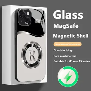 Suitable for [iPhone 15 Plus] New high-end magnetic R-ring anti-drop glass mobile phone case New business simple metal paint electroplated glass wireless charging mobile phone case Affordable anti-drop and anti-fingerprint 995