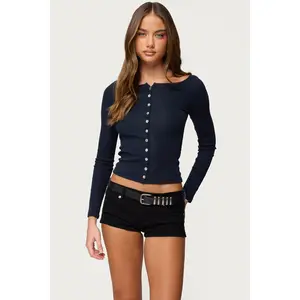 Cameo Boat Neck Button Up Top