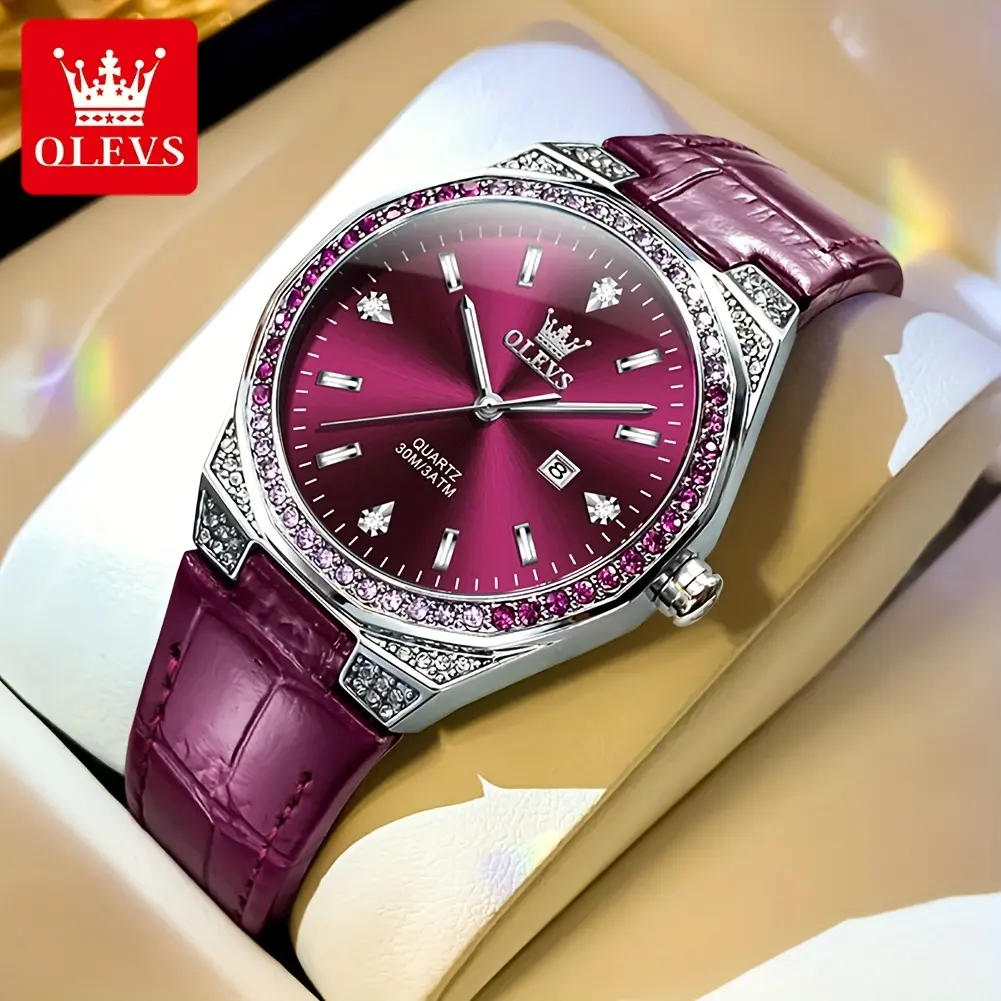 100% authentic original brand OLEVS elegant luxury women's watch, bright purple dial, waterproof night light function, wine red color scheme and quartz movement, perfect choice for holidays and birthdays, fashionable watch, teenage women's quartz watch