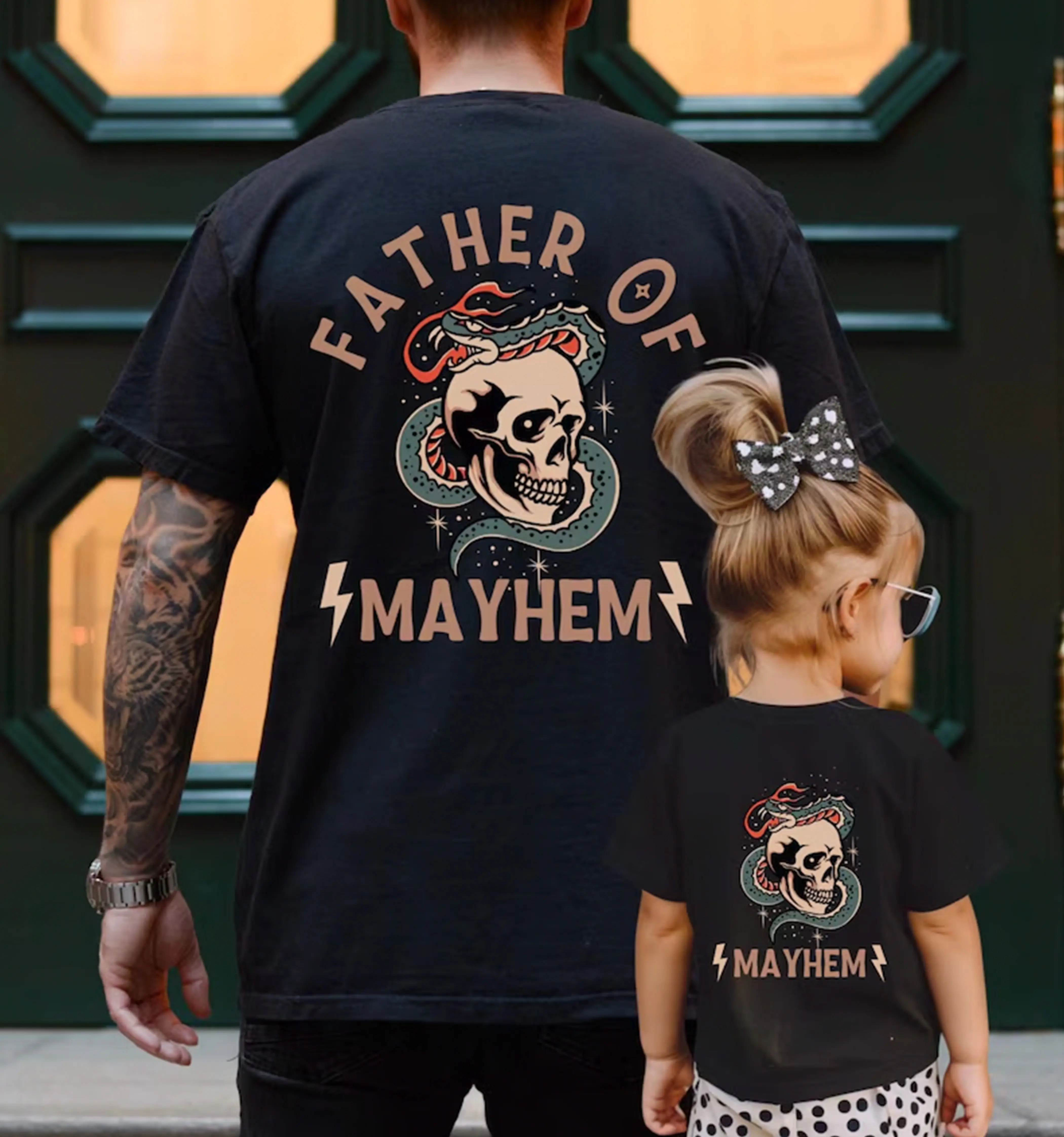 Father Of Mayhem Shirt Gildan Unisex T Shirt Funny Skull Snake Graphic Tee Vintage Retro Tattoo Double Sided Front Back Print Heavy Metal Rocker Top New Dad Husband Stepdad Grandpa Fathers Day Gifts