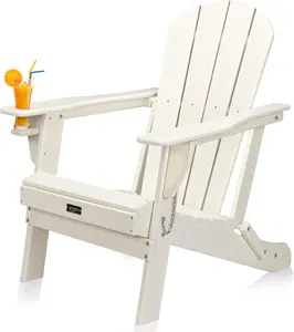 VINGLI Plastic Folding Adirondack Chair with Cup Holder, 100% Recyclable Waterproof HDPE Material, Comfortable 380lb Weight Capacity for Outdoor Pool Patio Lounge Chair Lawn Furniture Firepit