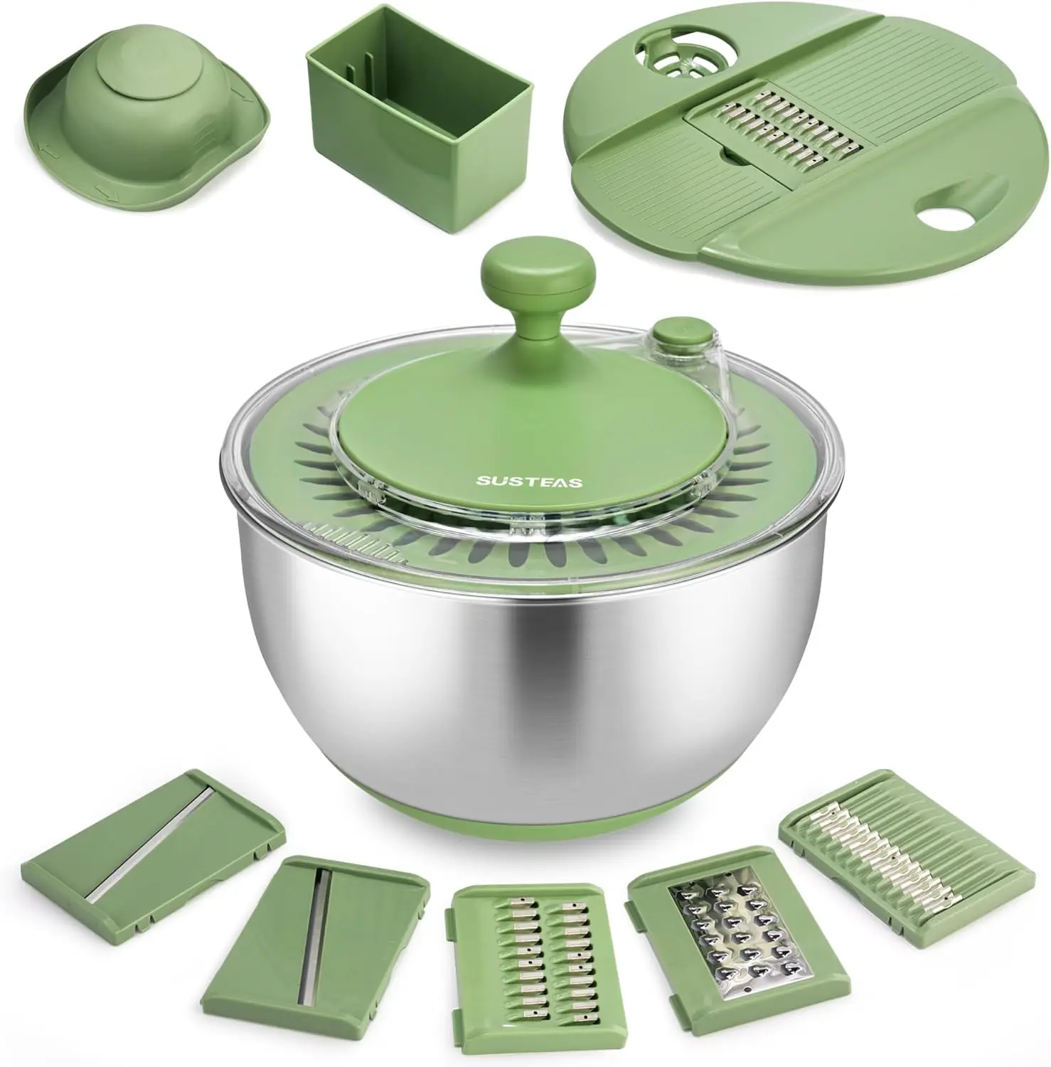SUSTEAS Stainless Steel Salad Spinner, Lettuce Spinner with 5 Blade Slicer | Vegetables Wash Bowl, Fruits & Herb Lettuce Dryer with Egg Yolk Strainer for Efficient Salad Preparation and Food Washing