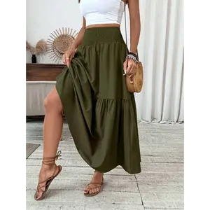 Women's Maxi Skirt Tiny Floral Casual Elastic Waist With Pockets Ruffled Hem Ladies Summer A-Line Long Skirts