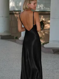 Elegant V-Neck Backless Satin Dress for Women, Perfect for Valentine's Day, Dates, Parties, Travel, Vacation, All Seasons
