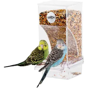 No Mess Automatic Bird Feeder for Cage - Parrot Feeder Inside Cage With Clear Perch and  Seed  Container