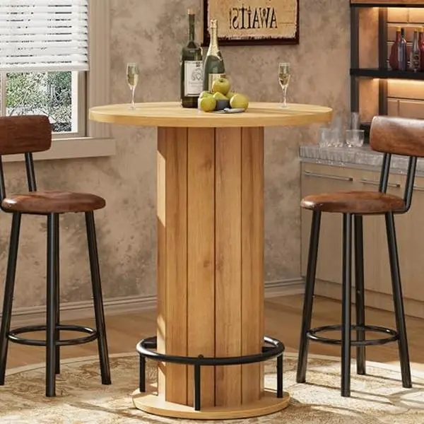 GARVEE 40" Round Bar Table, Wood Bistro Pub Tables with Metal Ring Footrest Pub Cocktail Tables for Living Room, Dining Room, Small Space, Natural Wood (Only Table)