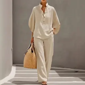 Trendy 2026 Women Linen Shirt and Pants Set Breathable Cotton Linen Fabric Casual Chic Matching Outfit for Everyday Wear