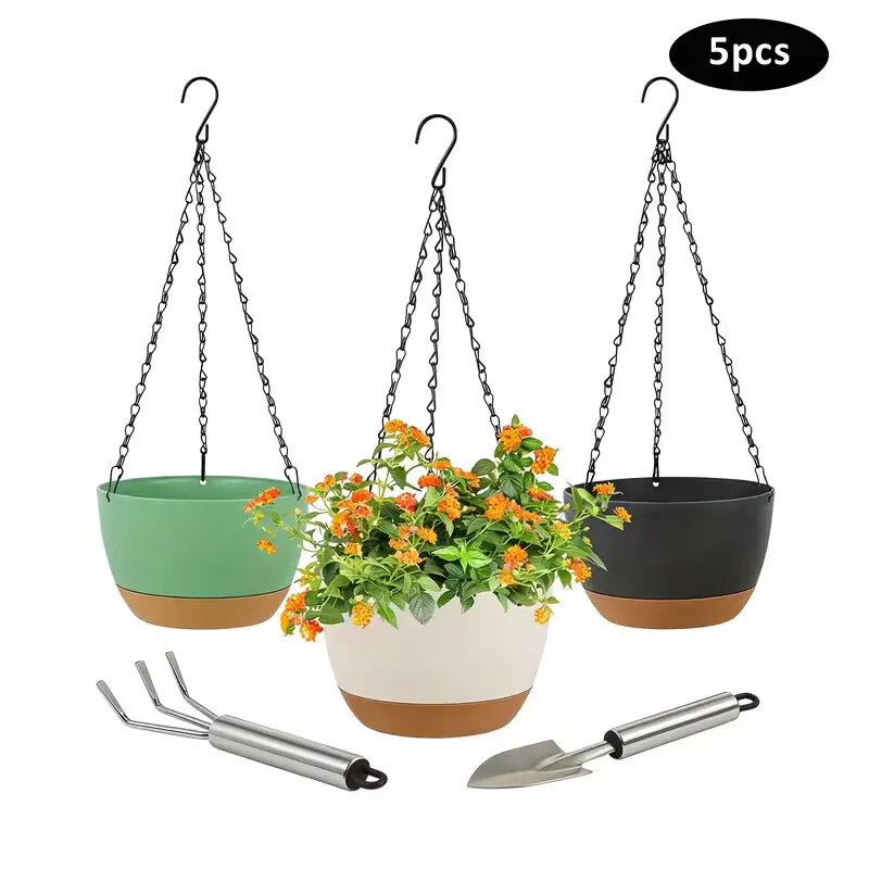High-Quality Materials Hanging Plant Basket Set - 5 Packs (3pcs 8in Hanging Pots Each) with Drainage Holes, Chains, Removable Trays, 2 Shovels, Durable & Lightweight for Indoor Outdoor Garden Decor, Great Gift Idea for Family Flower Pots Swinging Planter