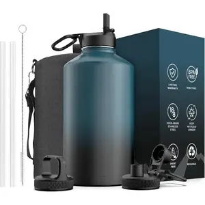 128 oz Gallon Water Bottle Insulated with Straw&3 Lids, Water Jug Large Stainless Steel Metal Vacuum Wide Mouth for Sp