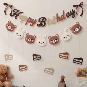 Vintage Bear Rabbit Birthday Pull Flags, Party Decoration Background Wall Cake Gift Pom-Pom Hanging Decorations, 1 Set