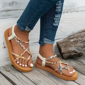 summer women's shoes，New Women's Bohemian-Style Flat Sandals — Versatile, Multi-Strap Design with Elasticized Back Strap  Slip-On Style Casual Brown