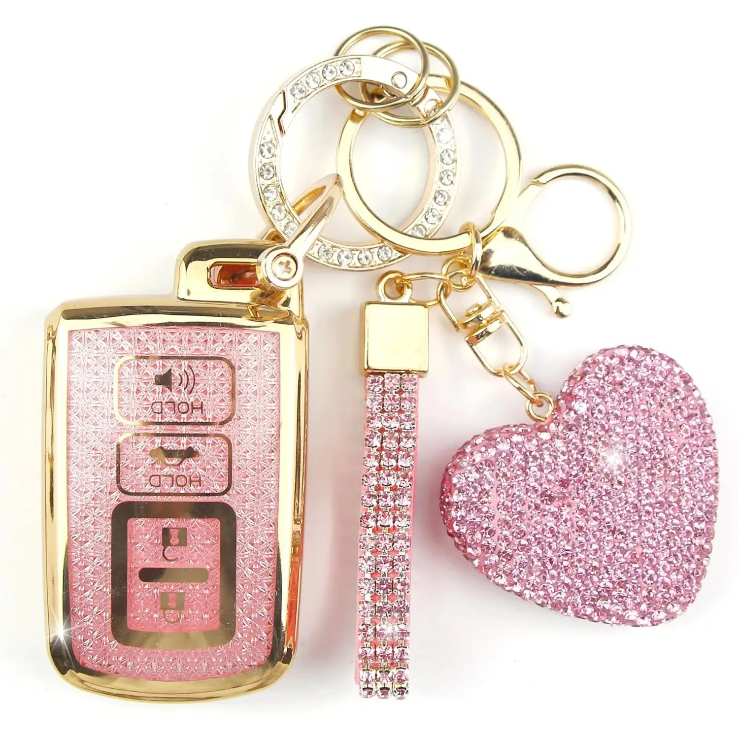 Key Fob Cover with Heart Keychain, Girly Car Key Shell for Women, Compatible with Toyota Avalon Camry Corolla Highlander RAV4 2012-2019 Smart Remote Key Protector (4 Buttons-Pink)