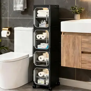 4-Tier Tall Slim Storage Organizer, White Narrow Rolling Cabinet with Adjustable Shelves for Laundry and Small Spaces