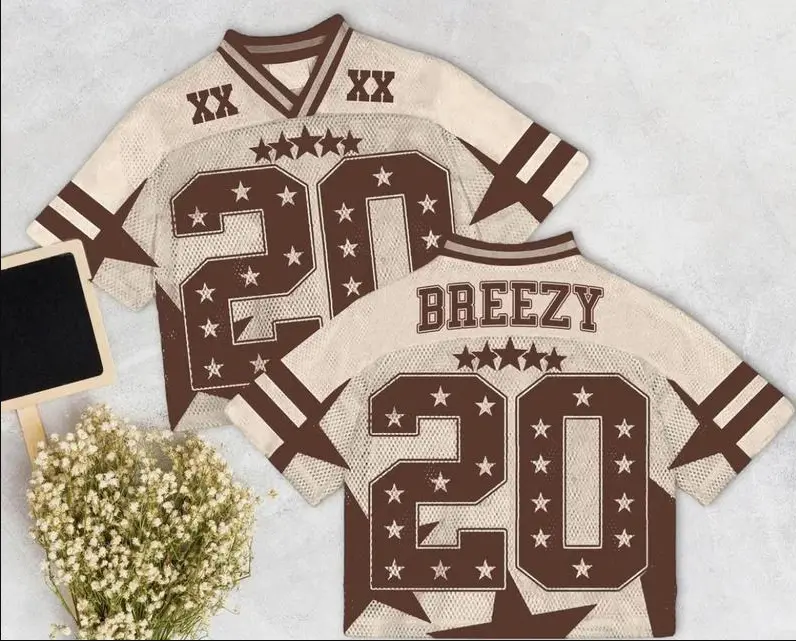 CB Breezy Bowl Mesh Football Jersey Brown 20 Breezy Bowl XX Shirt with Star Design Short Sleeve Breathable Mesh Material for Breezy Bowl Tour XX