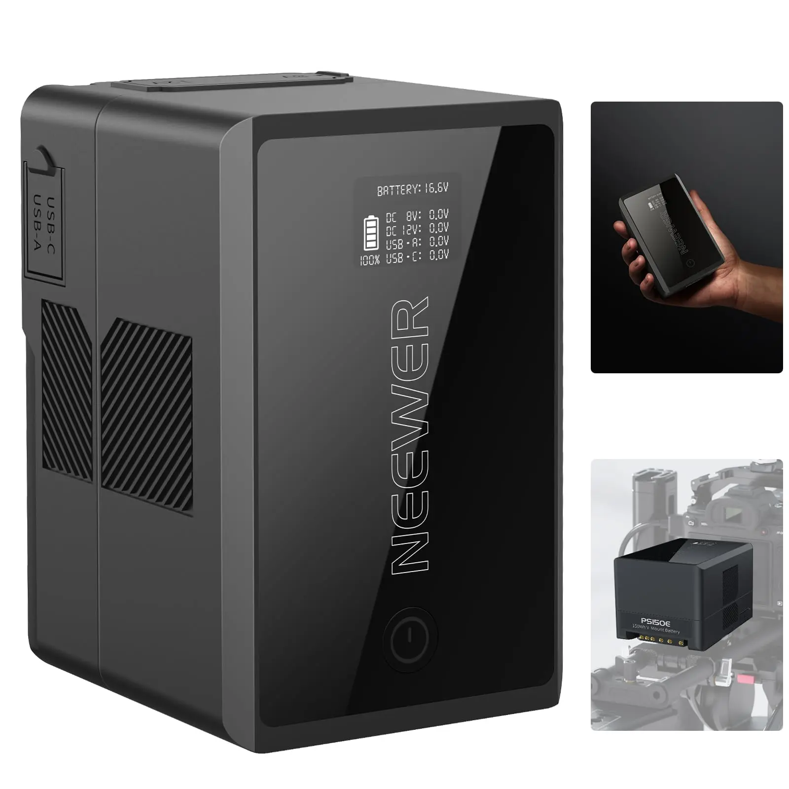 NEEWER PS150E V-Mount Battery with BMS, 100W PD USB-C Fast Charging, 10350mAh 150Wh 14.54V, Over Current Protection, OLED Display, D-Tap, USB-A, BP, Dual DC Ports for V-Mount Cameras, Camcorders, Monitors, Video Lights