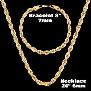 14K Gold Plated Rope Torch Set - 24" 6mm Necklace and 8" 7mm Bracelet - Choker Hip Hop Jewelry Fashion Unisex Accessories for All Occasions Handcrafted Luxury Look Durable Lobster Clasp