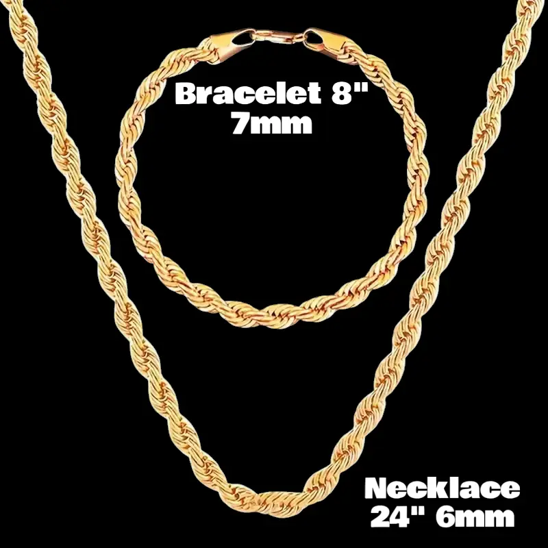 14K Gold Plated Rope Torch Set - 24" 6mm Necklace and 8" 7mm Bracelet - Choker Hip Hop Jewelry Fashion Unisex Accessories for All Occasions Handcrafted Luxury Look Durable Lobster Clasp