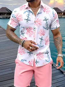 Men's Anchor & Coral Print Short Sleeve Shirt & Shorts Set - Casual Leisure Vacation Outfit for Summer Beach Trips