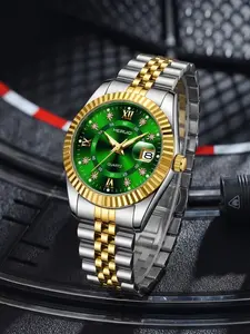 Men's Business Casual Stainless Steel Strap Dial Diamond Calendar Quartz Watch, High-End Fashionable Wristwatch, Trendy Timepiece