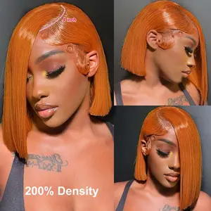 GK Bob Wig Human Hair 13x4 HD Lace Frontal Short Straight Lace Front Bob Wigs for Black Women Human Hair Pre Plucked Glueless Side Part 200% Density Orange Ginger Color #350 14 Inch