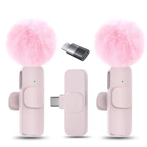 Plug-and-Play Wireless Lapel Microphone with Noise Reduction, Pink Dual Mic for iPhone & Android
