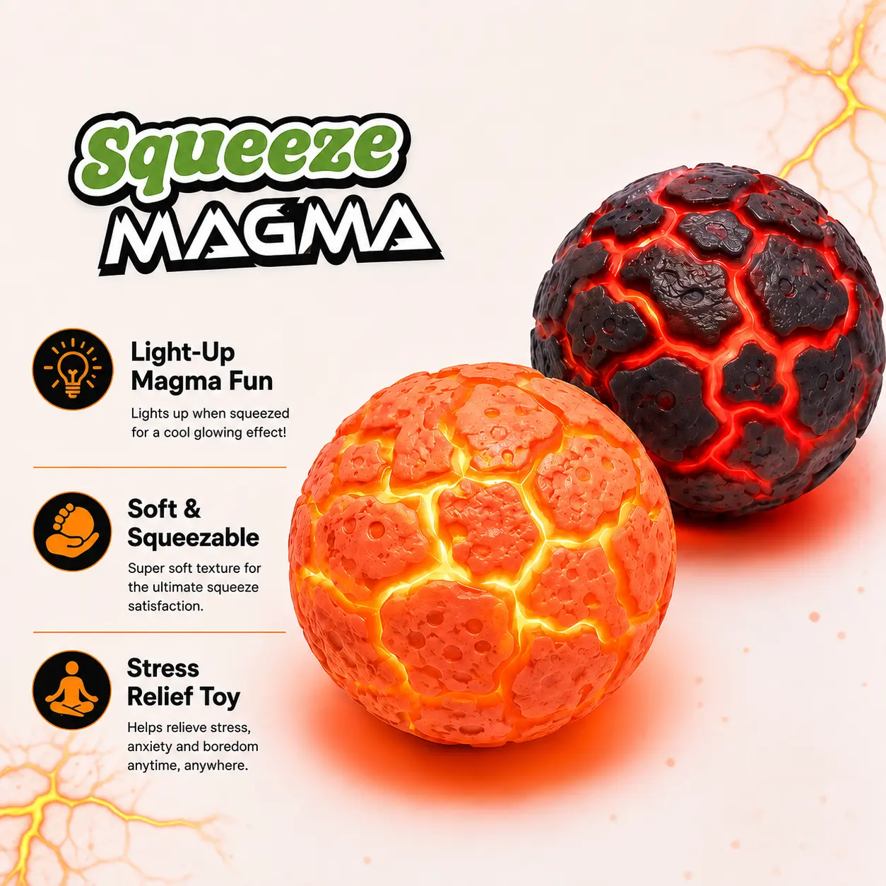 Squeeze Magma Light Up Stress Ball Glowing Lava Squeeze Toy Soft Sensory Fidget Balls for Kids Adults Anxiety Relief Office Desk Toy Cool Glow in the Dark Squishy Ball Gift