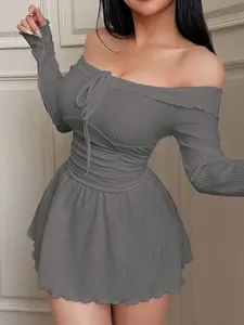 Off Shoulder Rib Knit Pattern Women Casual Lounge Dress, For Fall, Cozy Outfit