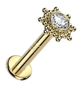 14kt Gold Solar CZ Internally Threaded Labret