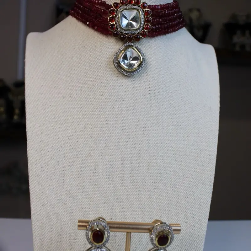 Ruby Beaded Choker Set with Mirror Stone Pendant & Earrings