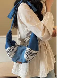 2026 New Denim Patchwork Crossbody Bag, Vintage Ethnic Style, Large Capacity Casual Commute Bag, Polka Dot Print, Unique Canvas Shoulder Bag