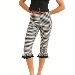 Women'sY2KPlaidCapriPantswithLaceRufflesHem-StretchElasticWaistCroppedLeggingsforSpringSummerFall,CasualMachine-WashableTrousers,FallCasualAttire|CheckeredCapriPants|SoftTextureFabric