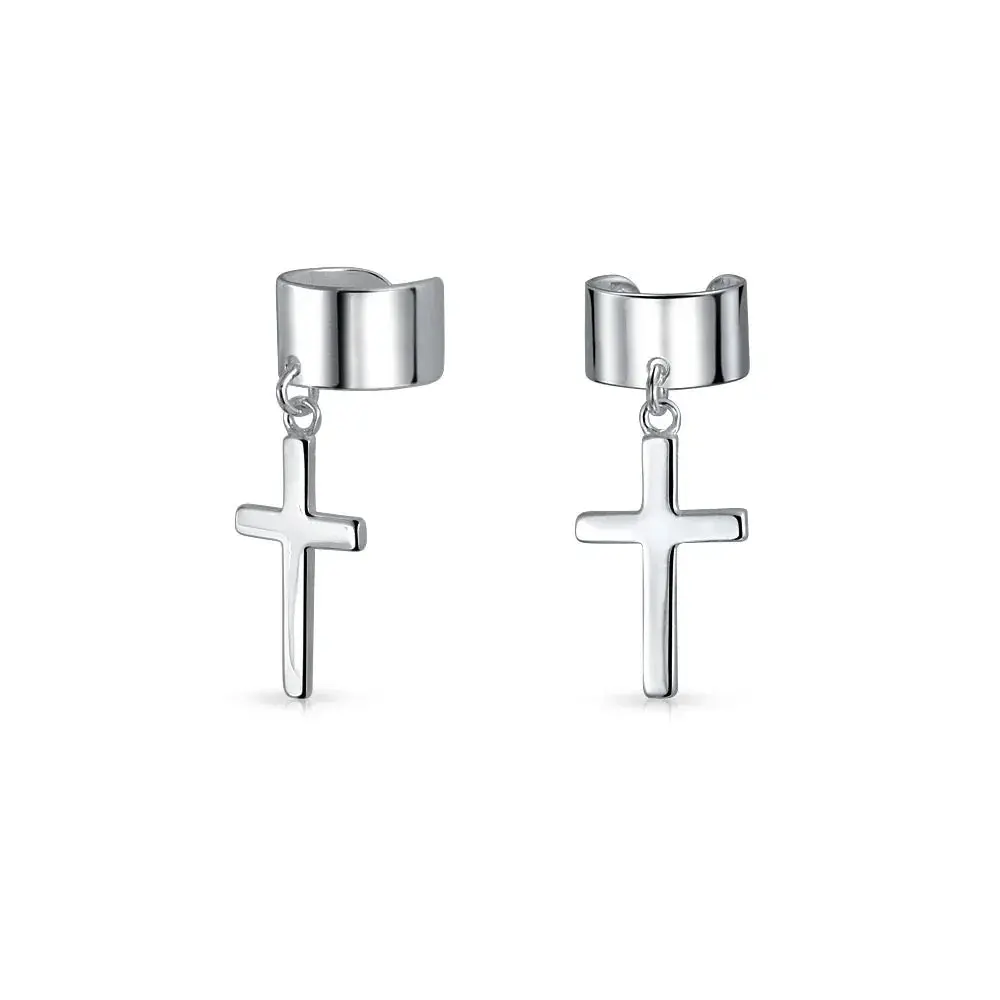 Religious Ear Lobe Cartilage Ear Cuff Dangling Cross Earrings Sterling Silver