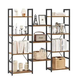 Triple Column 4 Tier Bookshelf, Bookcase with 11 Open Display Shelves, Adjustable Rustic Industrial Style Book Shelves, Modern Bookshelves for Bedroom, Living Room and Home Office, Vintage