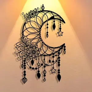 Exquisitely Elegant Gothic Metal Artistic Vintage Wall Art: Crescent Moon Intertwined with Floral Design Florals, Adorned with Intricate Bead and Star Detailing. Perfect for Stylishly Decorating Homes, Offices, and Coffee Shops. Wall Sculptures Decoration
