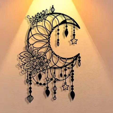 Gothic Metal Vintage Cool Wall Art, Hanging Wall Art, Crescent Moon Intertwined with Floral Design, Adorned with Intricate Bead and Star Detailing, Perfect for Decorating Homes, Offices, Unique Artwork, Wall Sculptures Decoration, Decoration Items