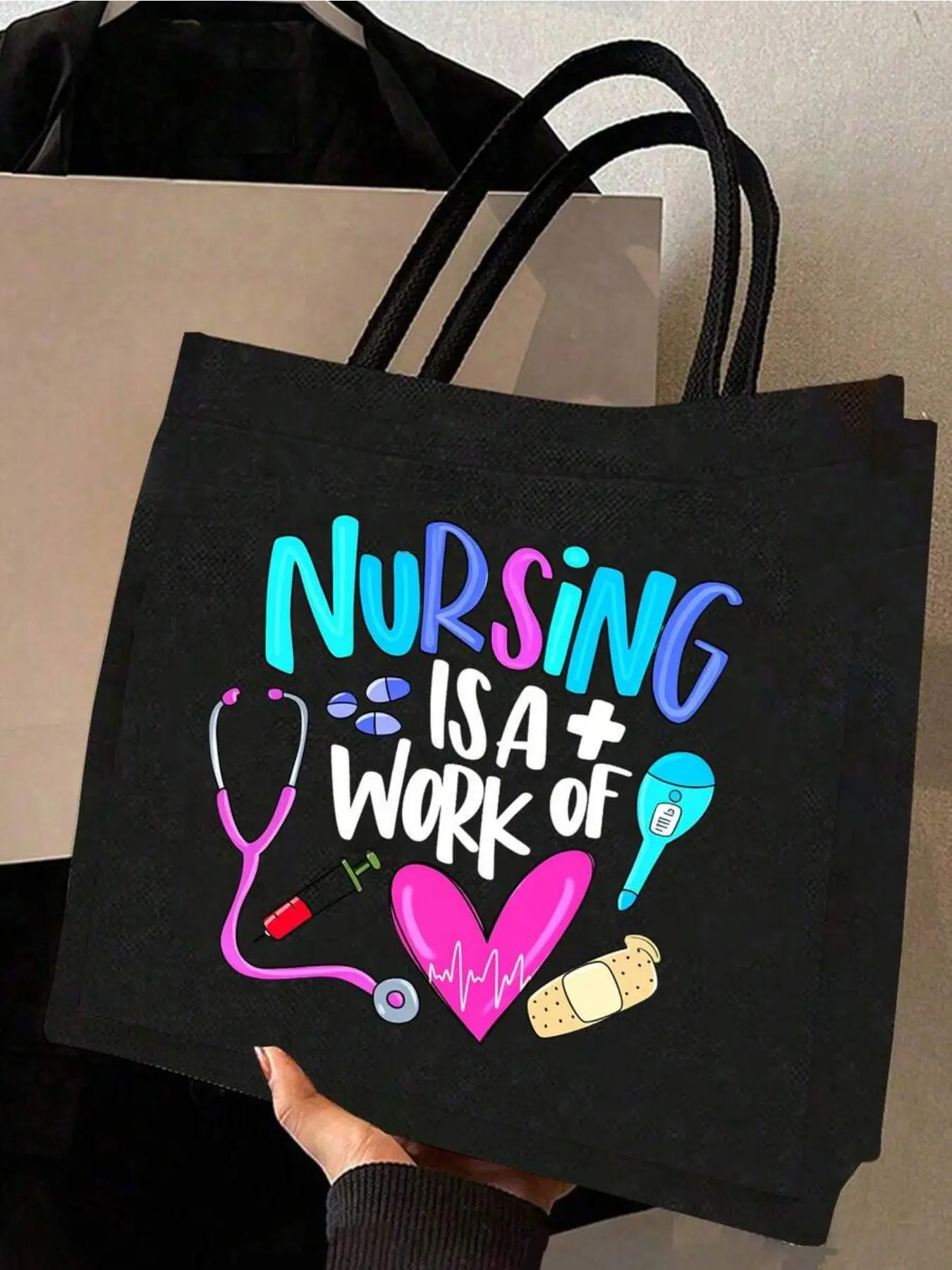 Nursing Is A Work Of Heart Tote Bag & Pouch Set, Nurse Appreciation Canvas Handbag With Stethoscope & Medical Elements, Perfect Gift For Nurses, Nursing Students, Doctors, And Medical Staff, Large Capacity Black Tote Bag