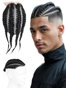 Men's cornrow braid wig, 100% human hair, V-Looped design, ultra-thin PU Topper base,Men's top corn braid styled hair replacement system ,solves the problem of thinning hair on top, suitable for various occasions.