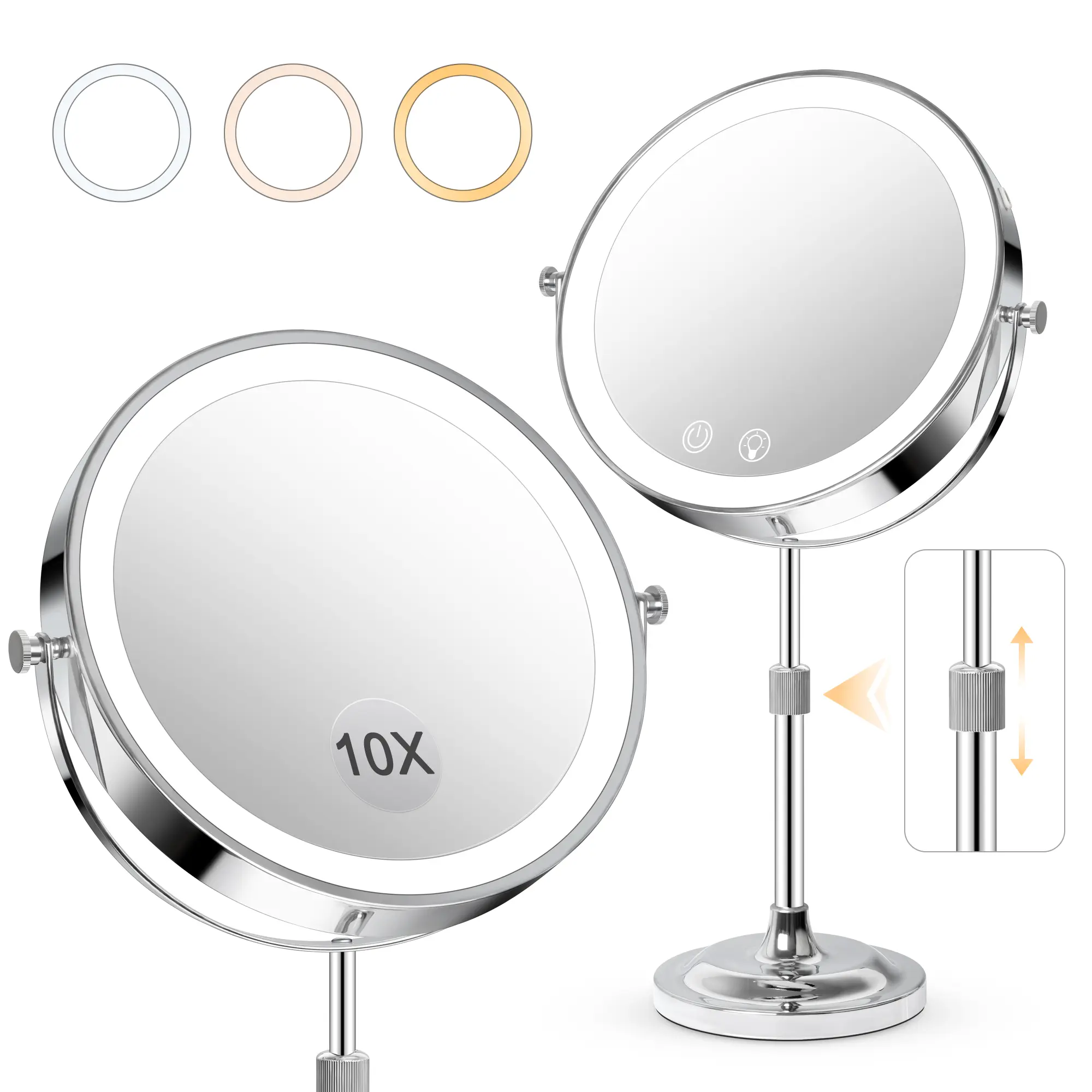 8" HD Makeup Mirror with 1X/10X Magnification, 4000mAh Rechargeable, 3-Color Stepless Dimming, Adjustable Height & 360° Swivel, Perfect Gift for Women