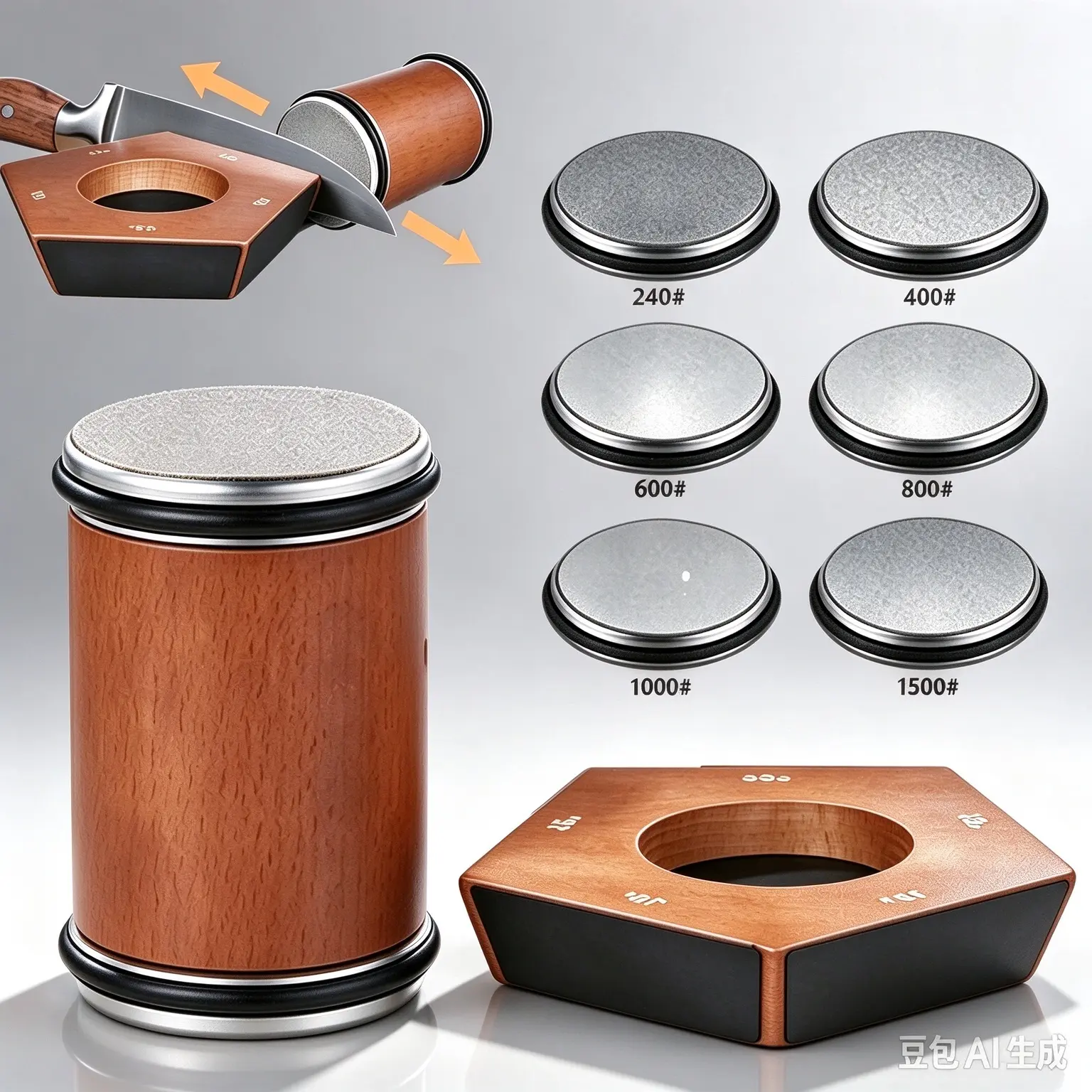 Multi-Functional Rolling Knife Sharpener Kit, Wooden Kitchen Knife Sharpening Set- Diamond & Ceramic Discs, Adjustable Angles, Medium Wooden Honing Tumbler, Fits Any Steel Hardness Kitchenware for Knives, Ideal for Friends, Family Gatherings, Festivals