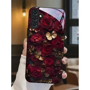 1 PC Red Roses With Golden Butterflies  High-Quality Tempered Glass Craftsmanship Phone Case Suitable For Compatible With Sumsung Galaxy S25/24/23/22/21/20/10 Ultra/FE+,Note20,/Ultra,A70/56/55/54/53/52/51/36/35/34/32/26/25/24/23/16/15/14/06/05/03