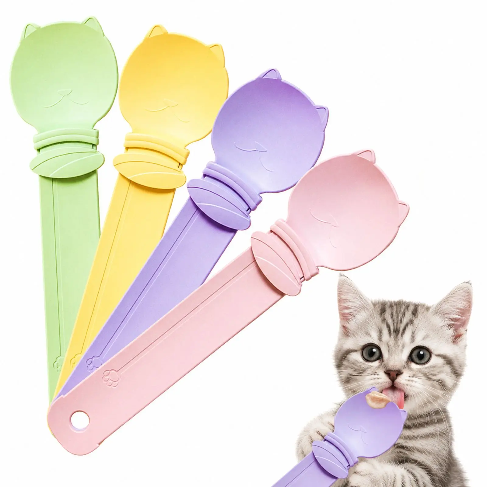 4-Pack Dopamine Color Cat Puzzle Feeder Kits with Extra-Long Handle, Interactive Mess-Free Handheld Pet Feeding Supplies, Gentle Gum Tip Food Slow Feeder Accessories for Cats, 4‑Pack For Training