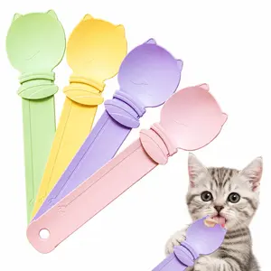4 Pcs Dopamine Color Cat Press and Slide Snack Feeders with Extra Long Handle, Interactive and Mess-Free Handheld Pets Clean & Healthy Feeding Accessories