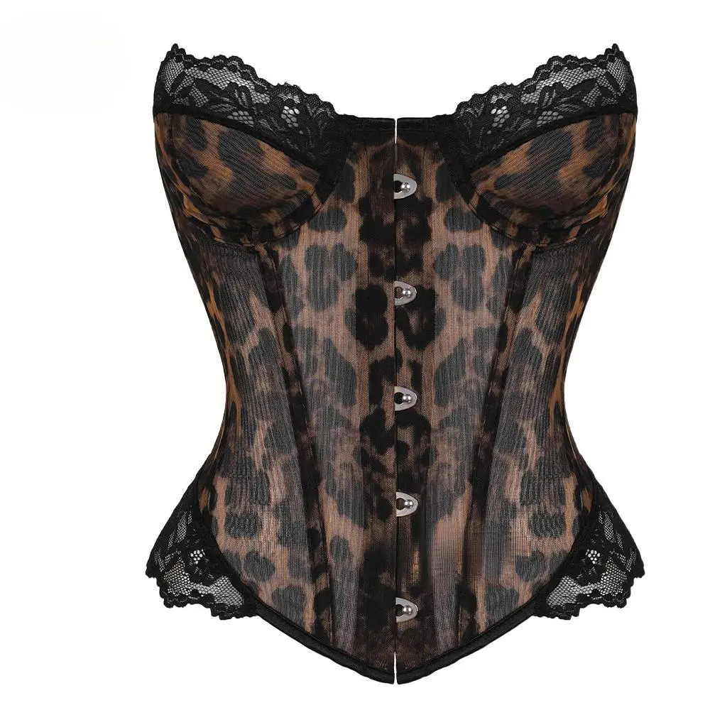 Leopard Print Mesh Corset Lace Metal Button-down Tight Vest Slim Fishbone Tank Top Bandage Shaper Bustier Costumes Party Corsets