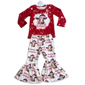 Kids Girl Christmas Outfit Highland Cow Christmas Bell Bottom Outfit